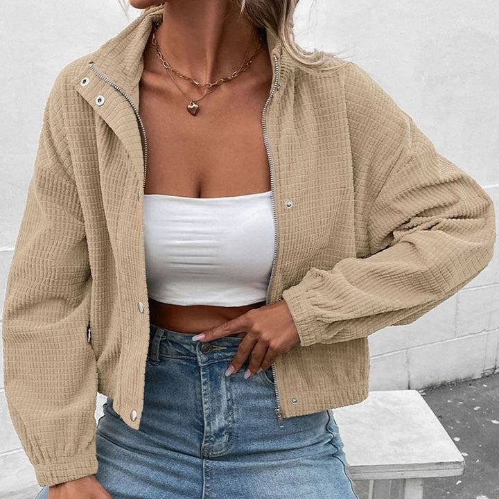 Women's Cropped Waffle-Knit Mock-Neck Snap-Button Jacket - Apricot