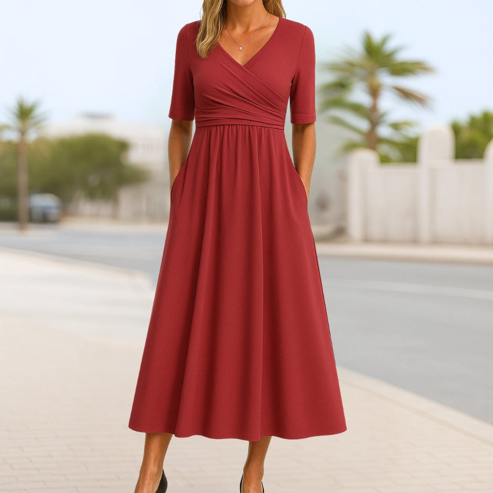 Women's Crossover V-Neck A-Line Midi Dress Side Pockets - Red