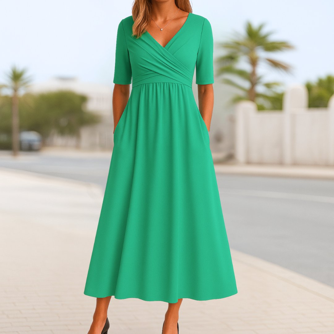 Women's Crossover V-Neck A-Line Midi Dress Side Pockets - Green