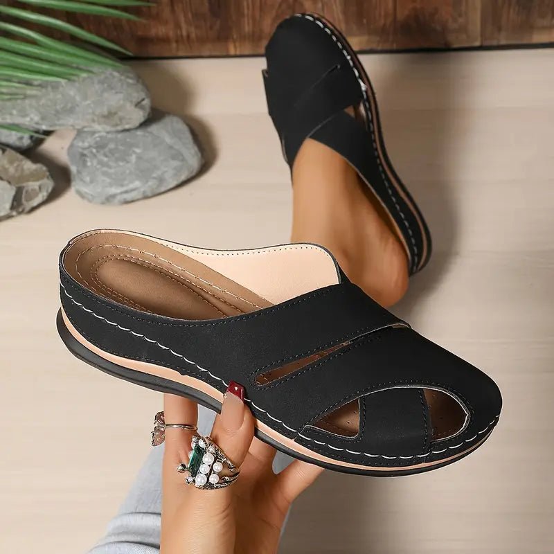 Women's Cushioned Slip-On Open-Toe Flat Sandal Slides - Black