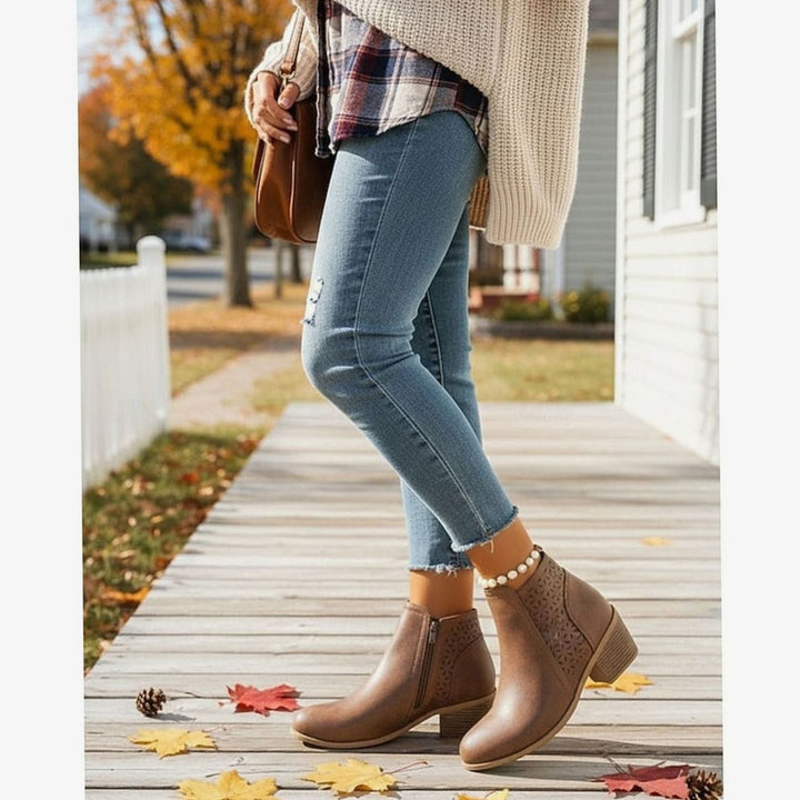 Women's Cutout Low-Heel Ankle Boots Side Zip Booties