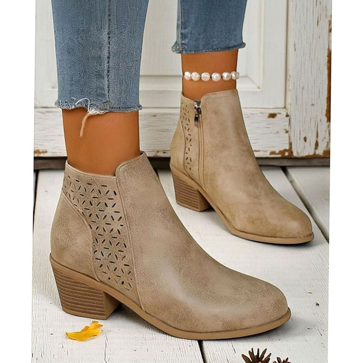 Women's Cutout Low-Heel Ankle Boots Side Zip Booties