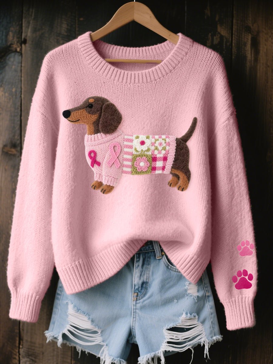 Women's Dachshund Patchwork Pullover Knit Sweater - Pink