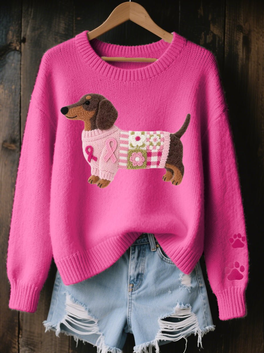 Women's Dachshund Patchwork Pullover Knit Sweater - Dark Pink
