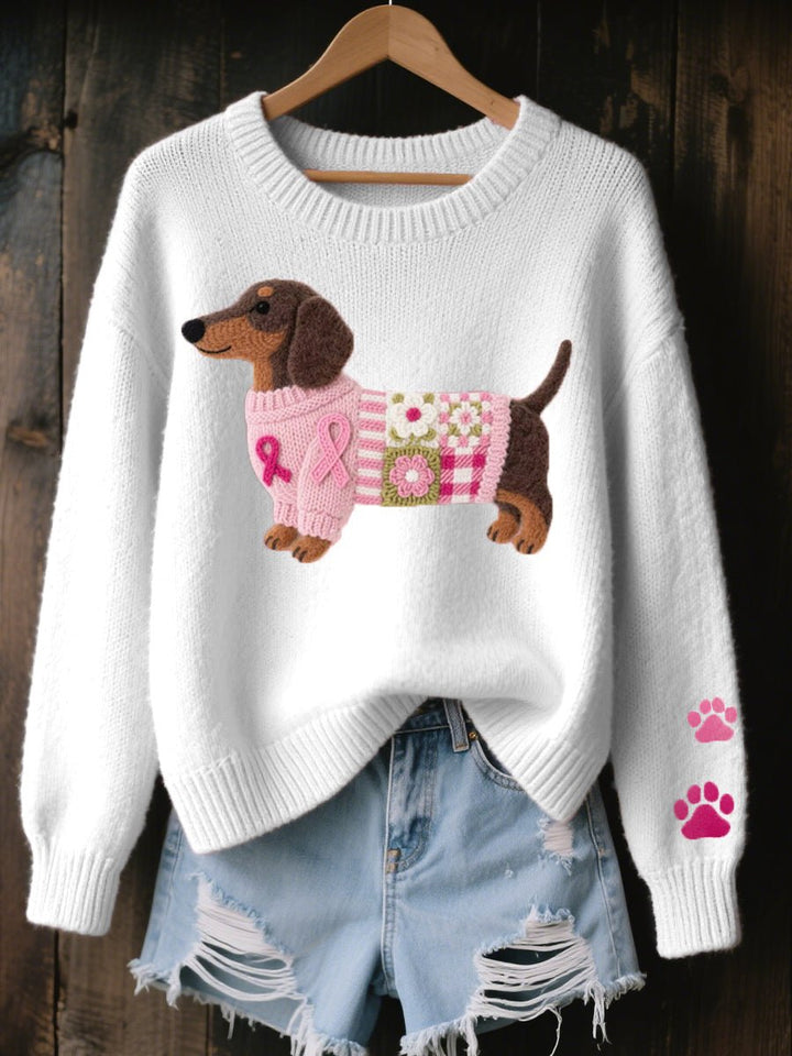 Women's Dachshund Patchwork Pullover Knit Sweater - White