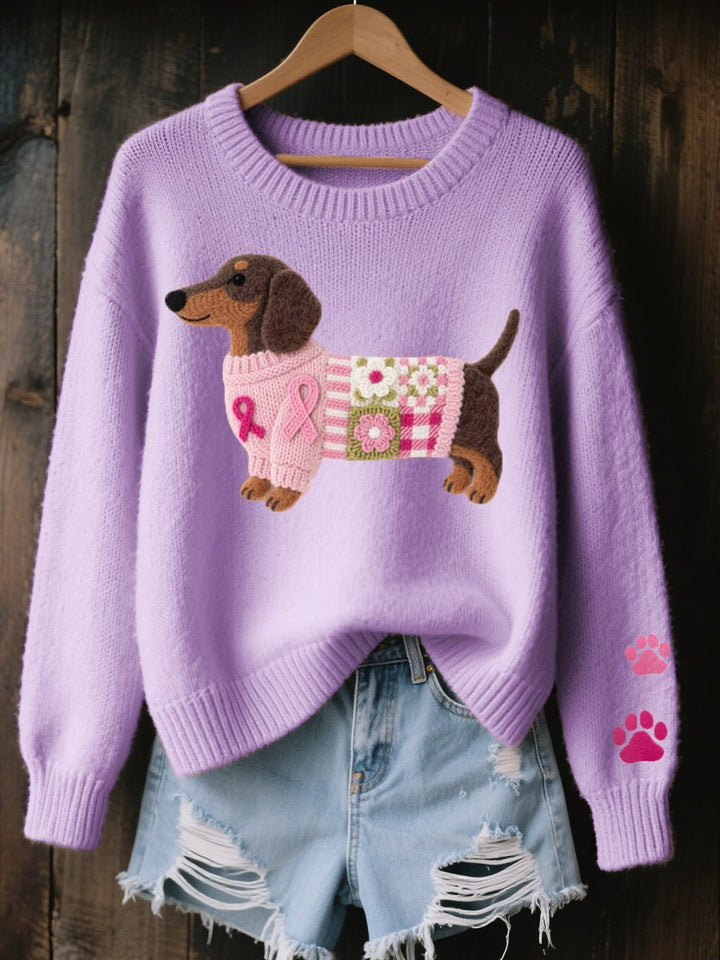 Women's Dachshund Patchwork Pullover Knit Sweater - Purple