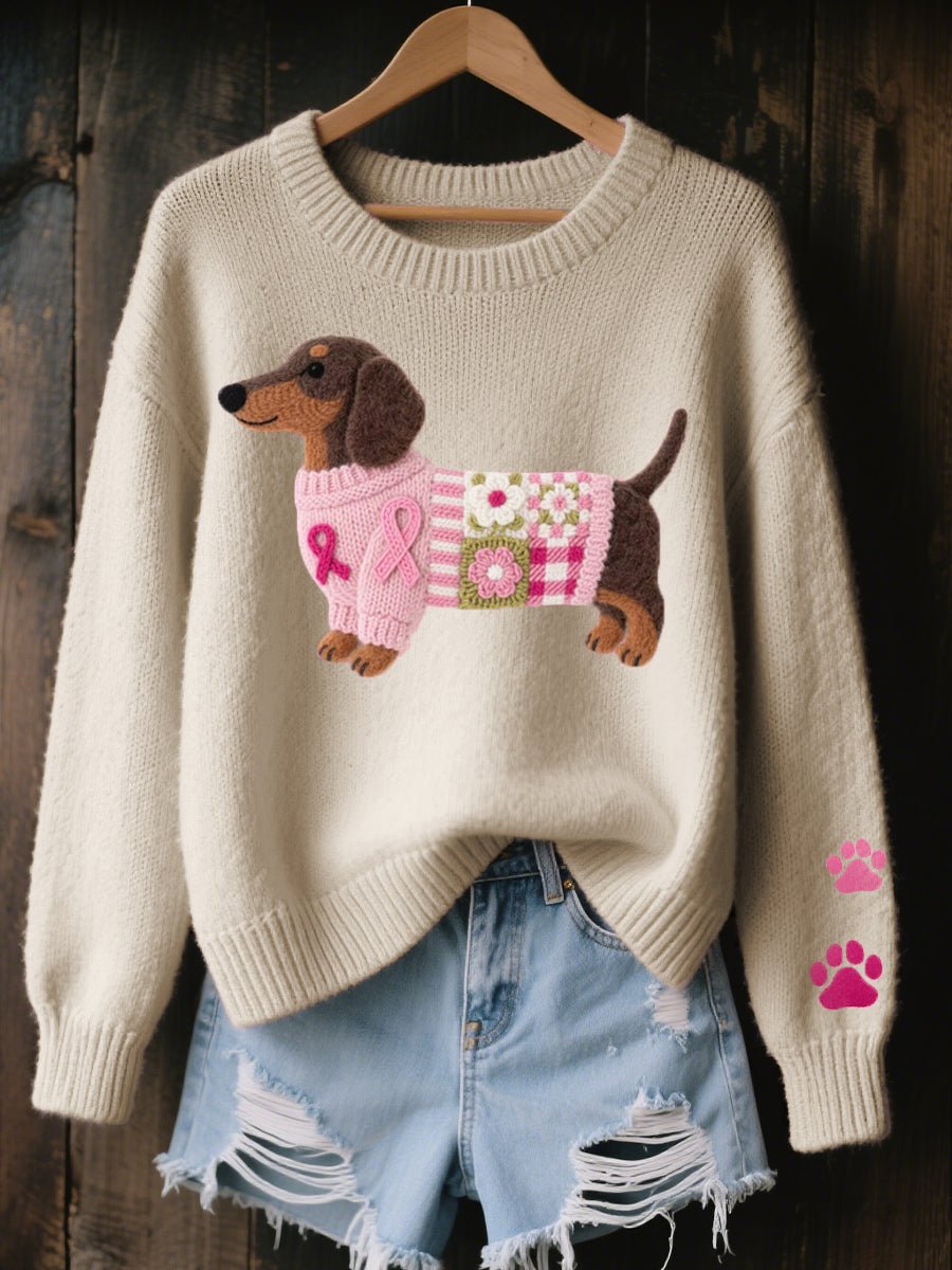 Women's Dachshund Patchwork Pullover Knit Sweater - Beige