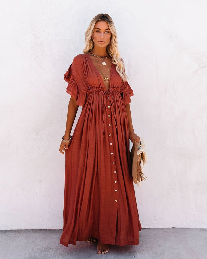 Women's Deep V-Neck Button-Front Flutter-Sleeve Maxi Dress - Rust