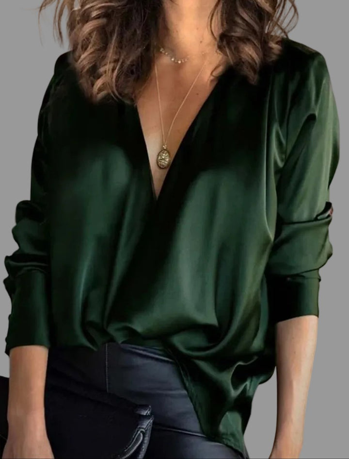 Women's Deep V-Neck Draped Satin Long Sleeve Blouse - Green