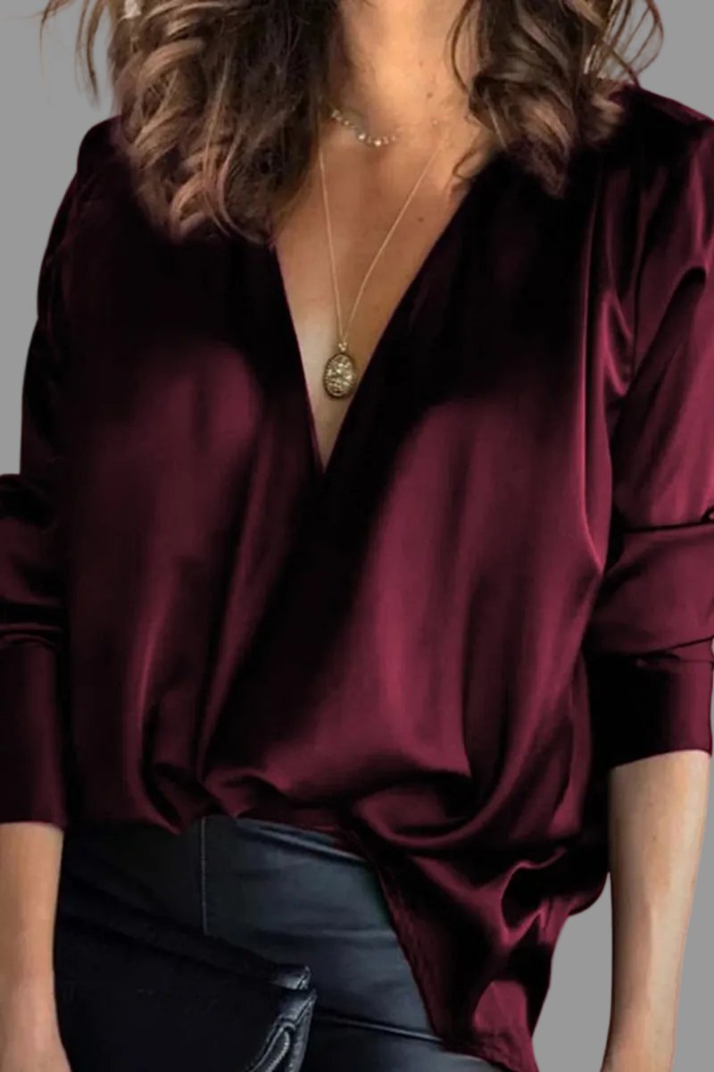 Women's Deep V-Neck Draped Satin Long Sleeve Blouse - Burgundy