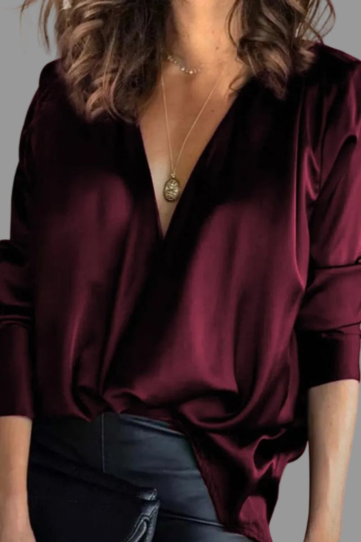 Women's Deep V-Neck Draped Satin Long Sleeve Blouse - Burgundy