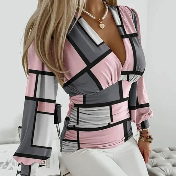 Women's Deep V-Neck Ruched Waist Blouse Long Sleeve Fitted Top - Geometric Pink & Gray