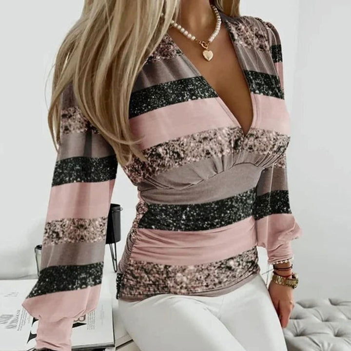 Women's Deep V-Neck Ruched Waist Blouse Long Sleeve Fitted Top - Pink & Black Stripes