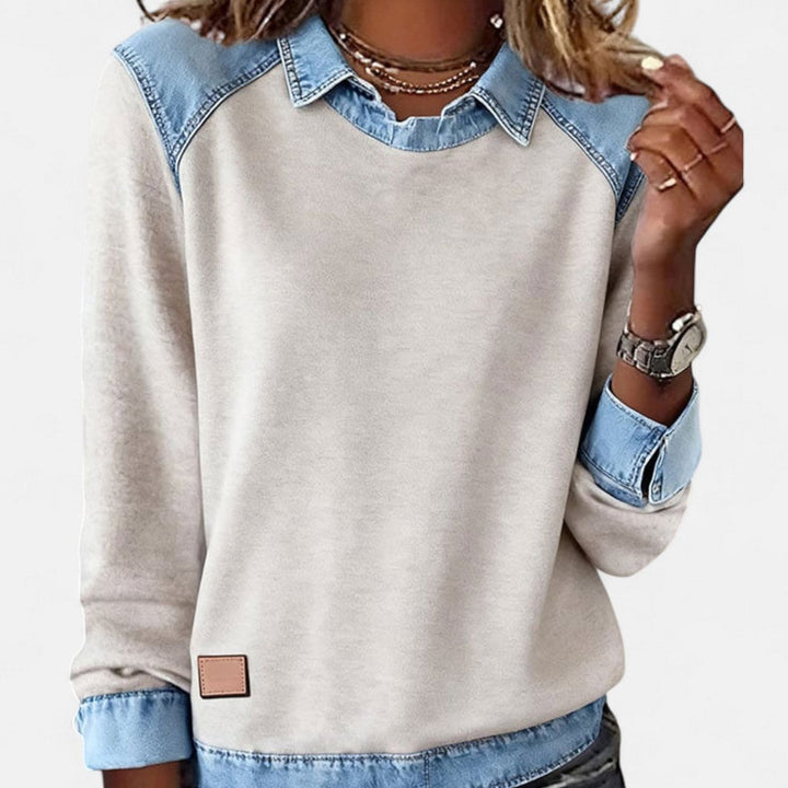 Women's Denim-Collar Raglan Knit Sweater - Beige