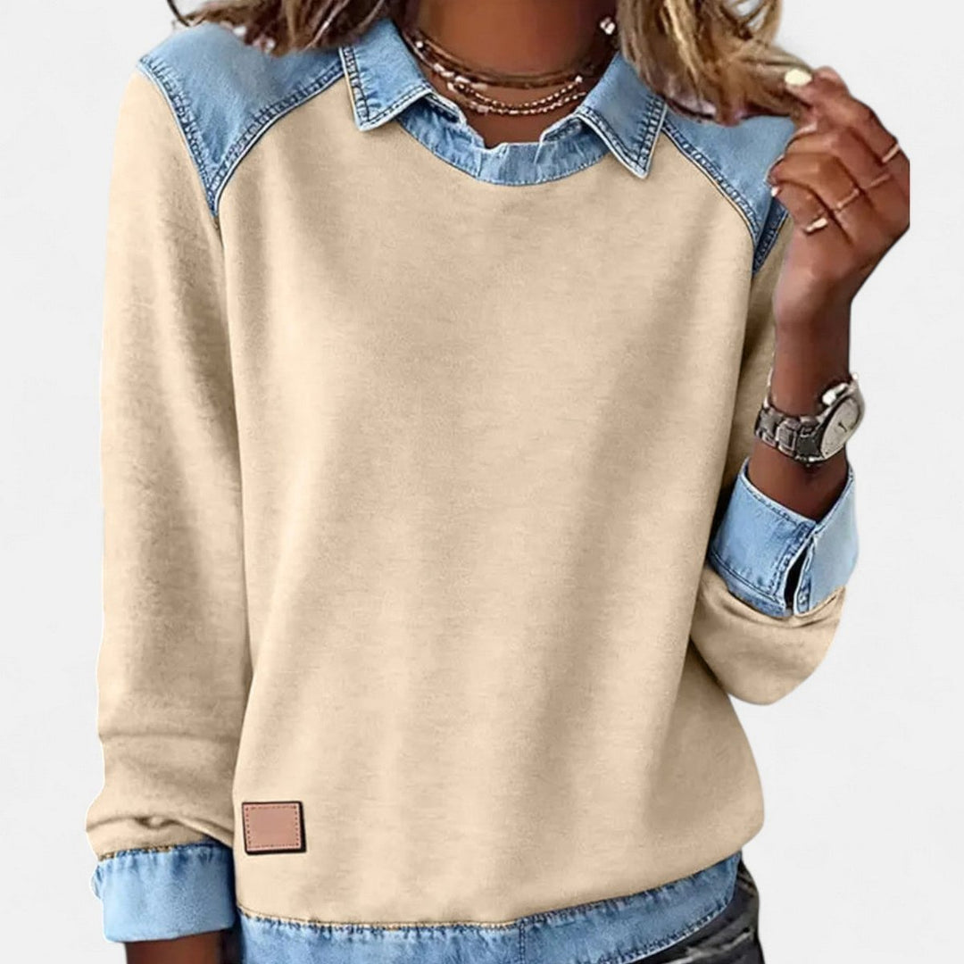 Women's Denim-Collar Raglan Knit Sweater - Khaki
