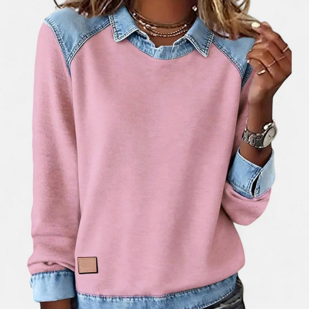 Women's Denim-Collar Raglan Knit Sweater - Pink
