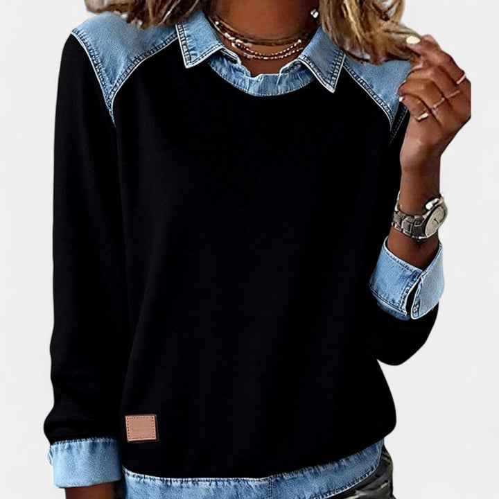 Women's Denim-Collar Raglan Knit Sweater - Black