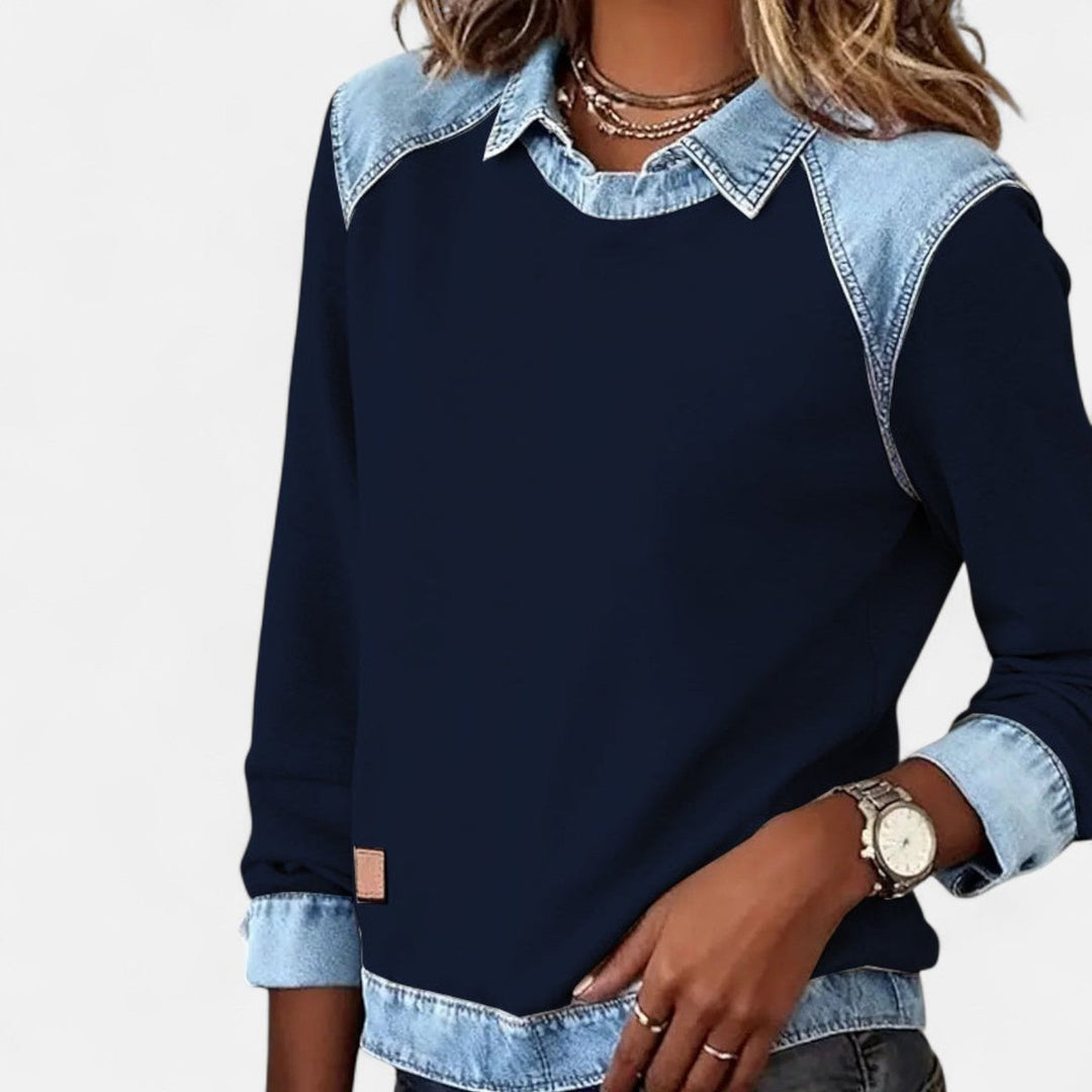 Women's Denim-Collar Raglan Knit Sweater - Navy Blue