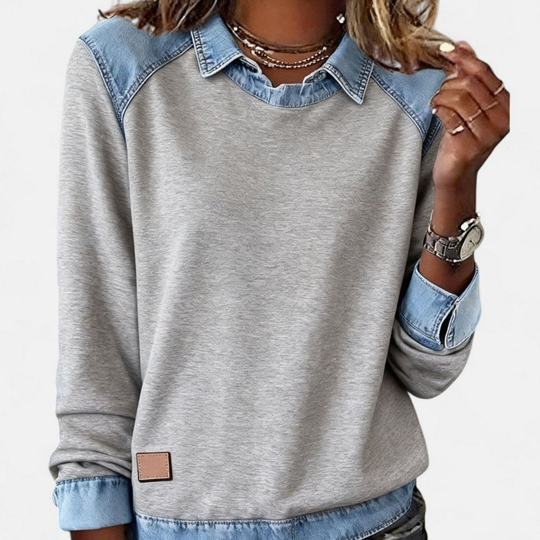 Women's Denim-Collar Raglan Knit Sweater - Gray