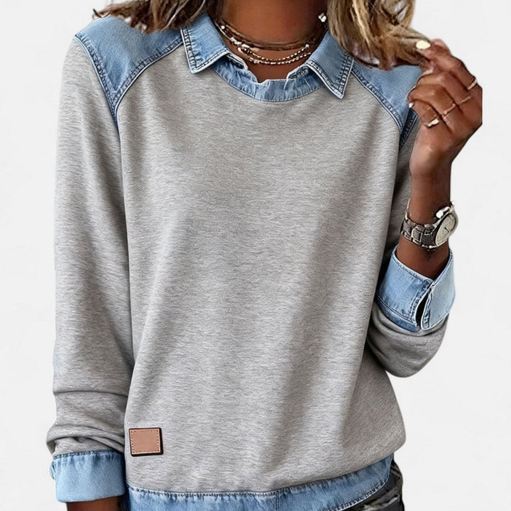 Women's Denim-Collar Raglan Knit Sweater - Gray