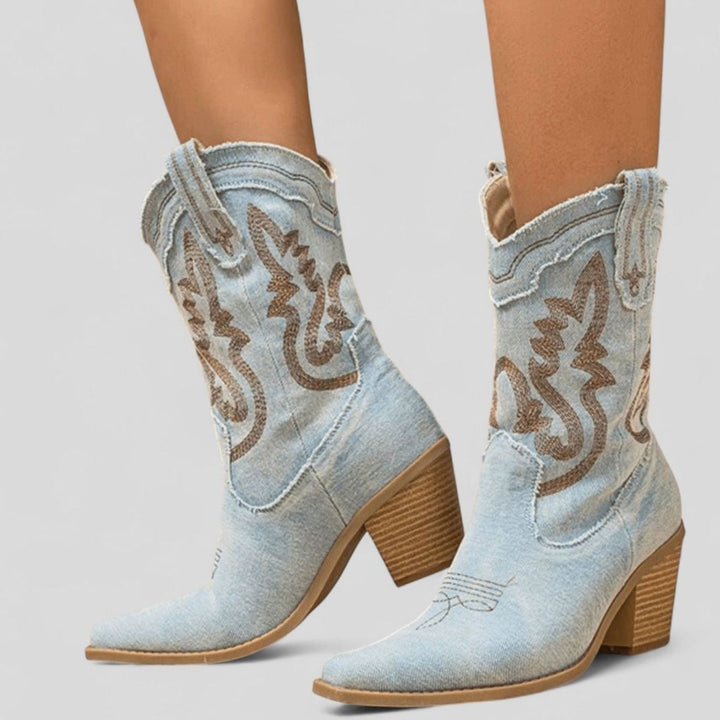 Women's Denim Embroidered Western Cowboy Boots - Light Blue
