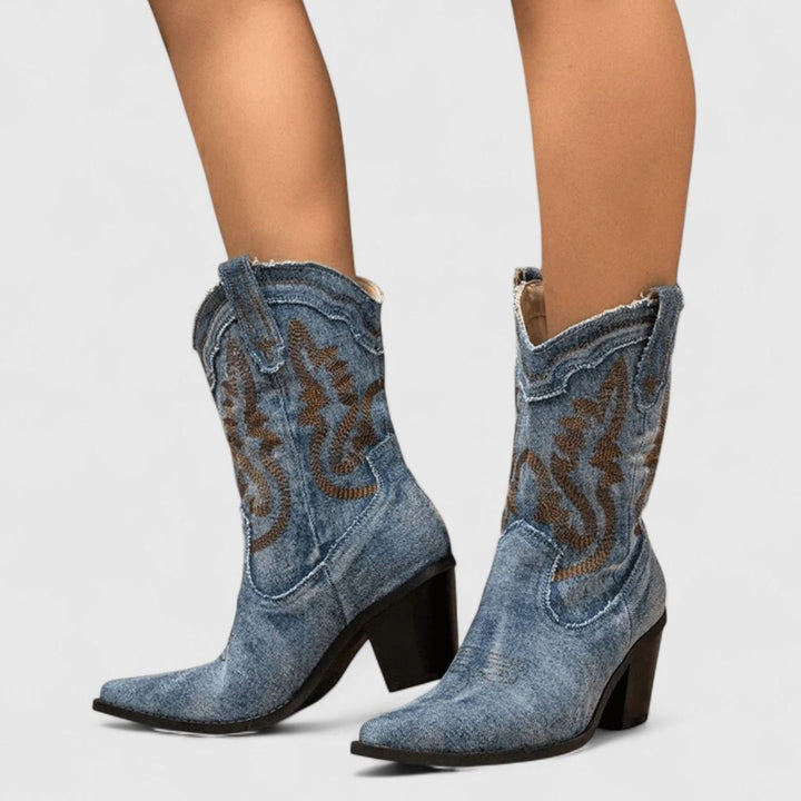 Women's Denim Embroidered Western Cowboy Boots - Dark Blue