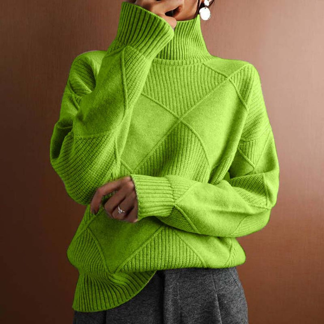 Women's Diamond-Knit Turtleneck Sweater Relaxed Pullover - Green