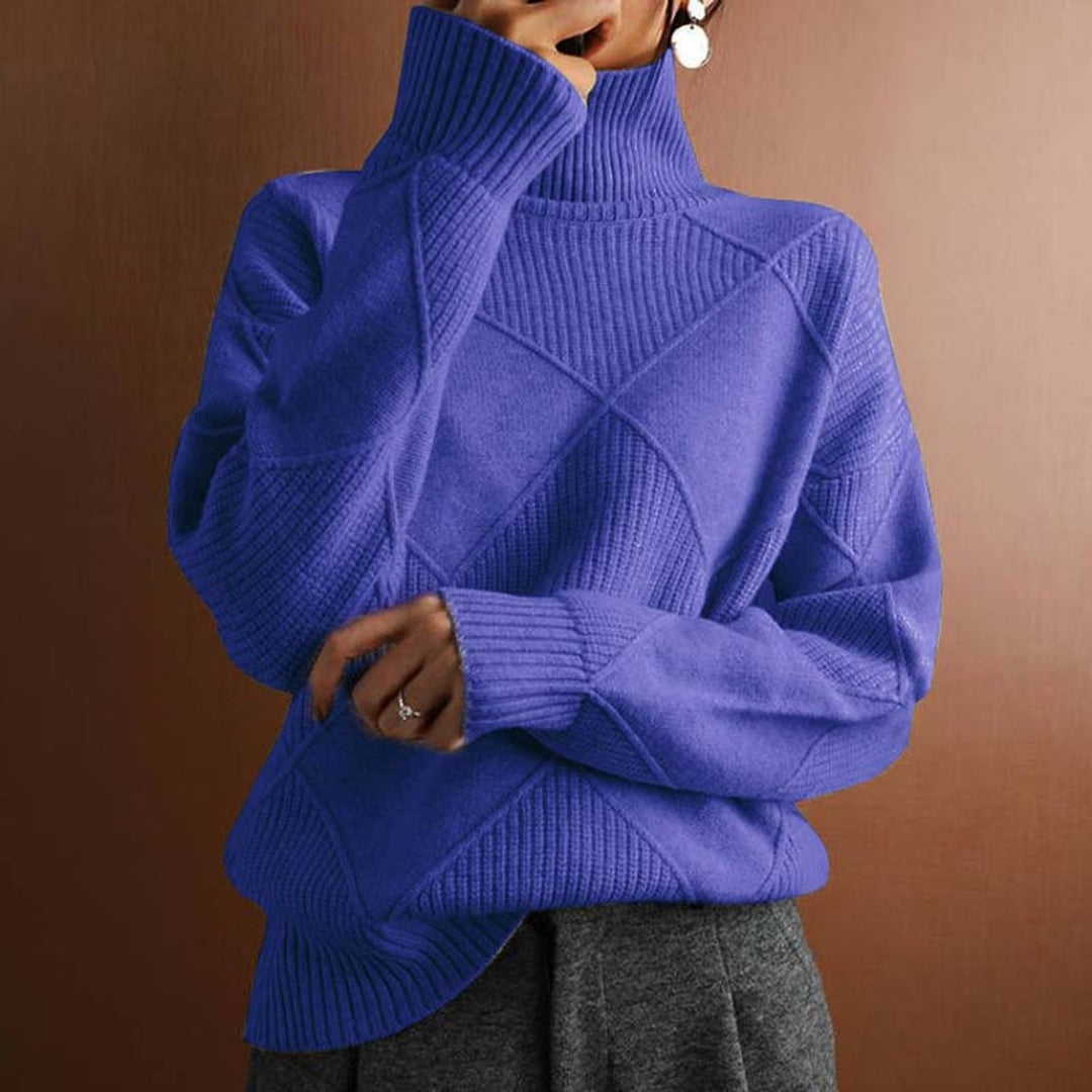 Women's Diamond-Knit Turtleneck Sweater Relaxed Pullover - Blue