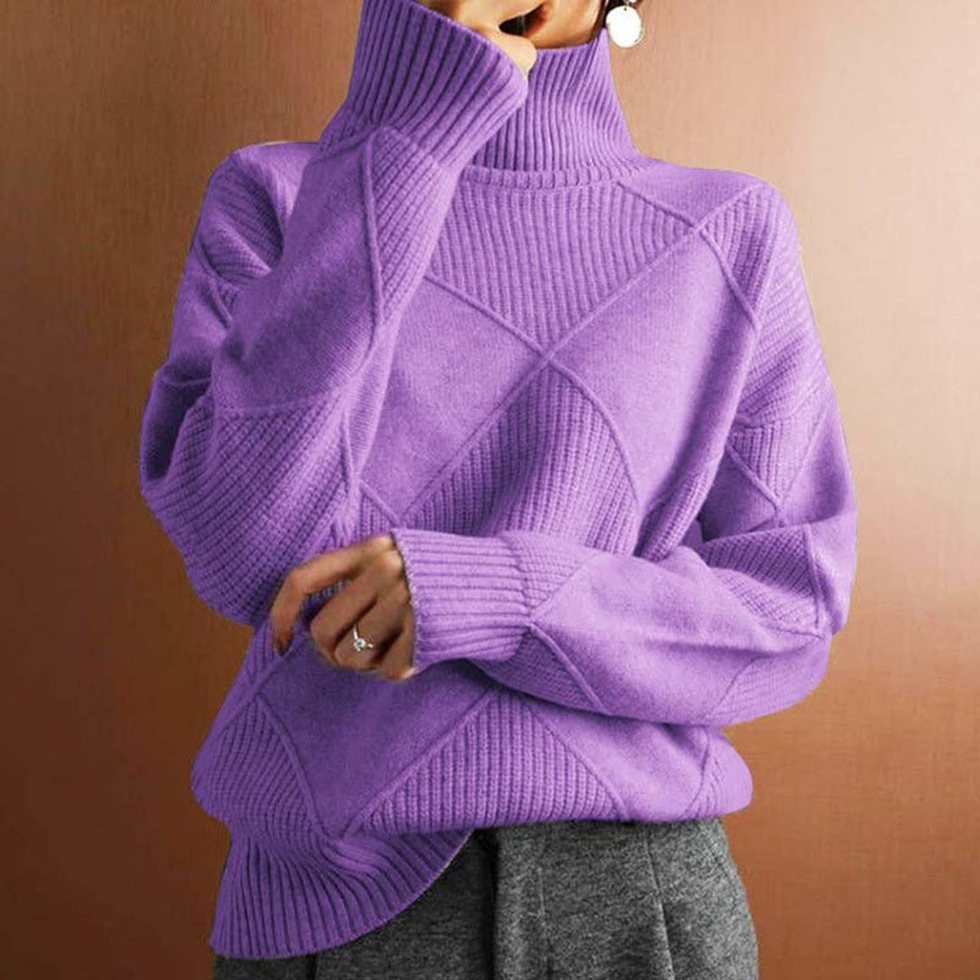 Women's Diamond-Knit Turtleneck Sweater Relaxed Pullover - Light Purple