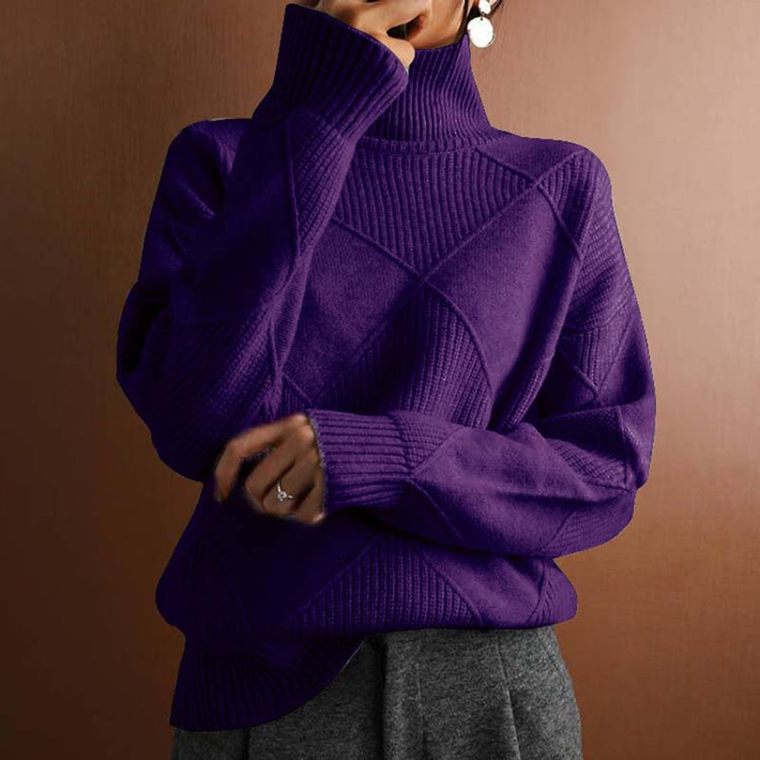 Women's Diamond-Knit Turtleneck Sweater Relaxed Pullover - Dark Purple