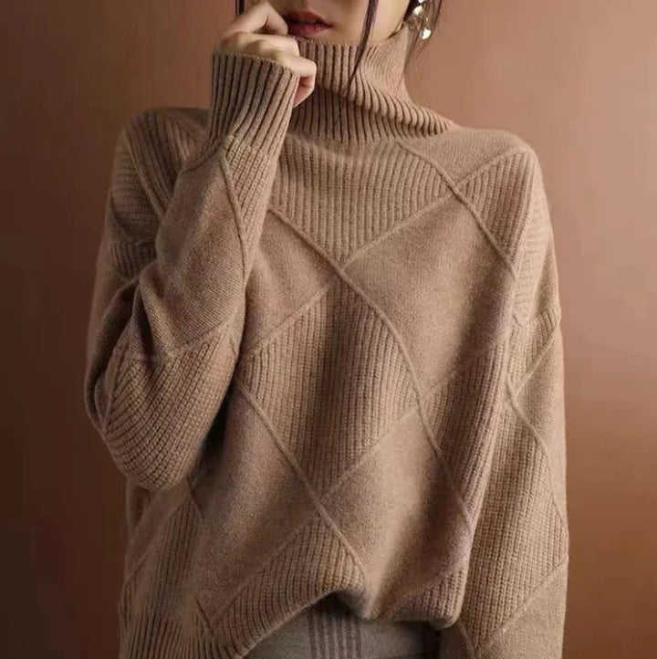 Women's Diamond-Knit Turtleneck Sweater Relaxed Pullover - Brown