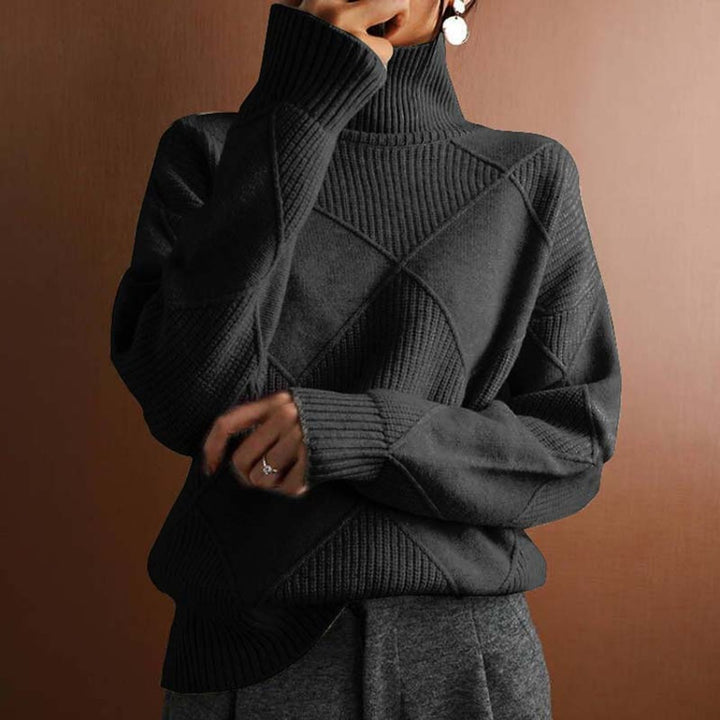 Women's Diamond-Knit Turtleneck Sweater Relaxed Pullover - Black