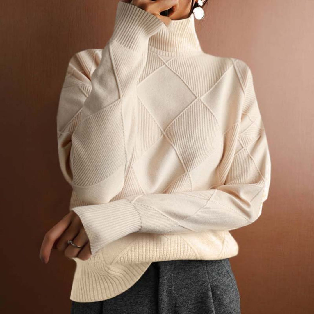Women's Diamond-Knit Turtleneck Sweater Relaxed Pullover - Beige