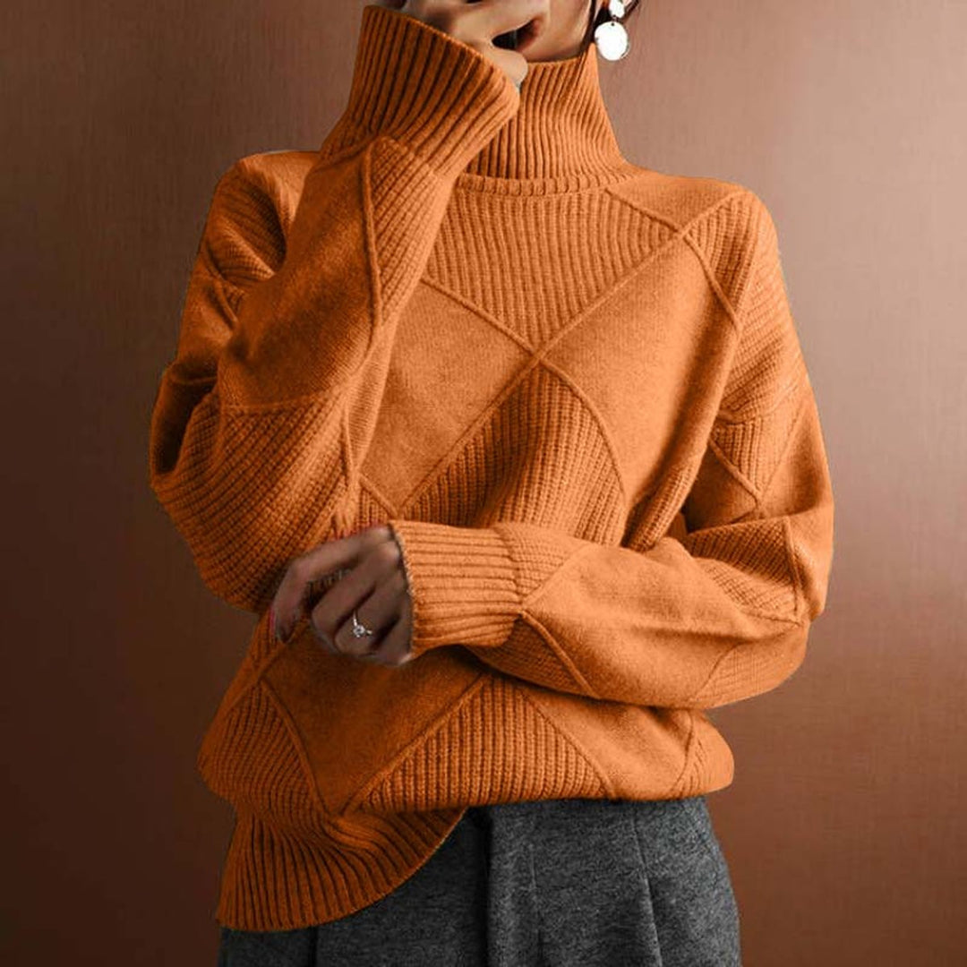 Women's Diamond-Knit Turtleneck Sweater Relaxed Pullover - Orange