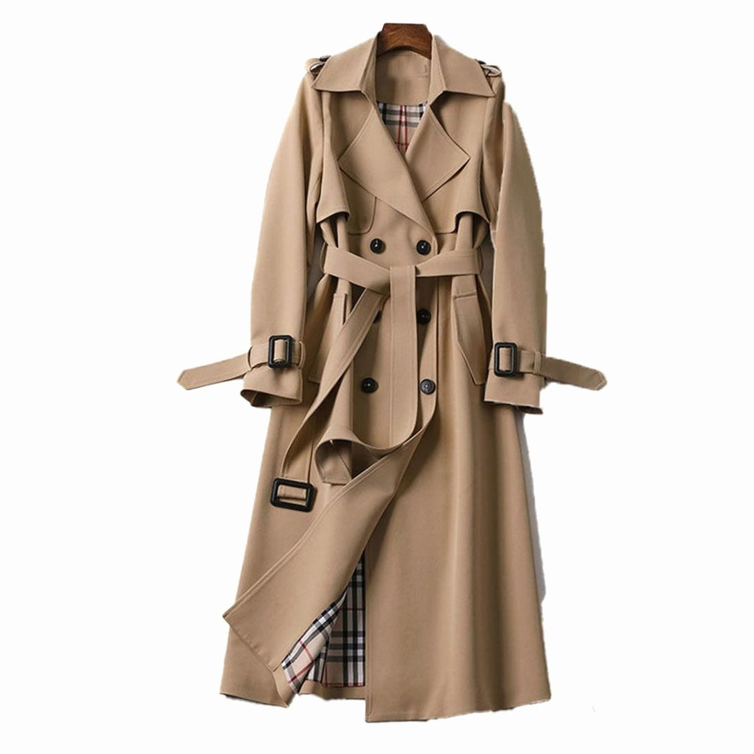 Women's Double-Breasted Belted Long Trench Coat Plaid Lined - Beige