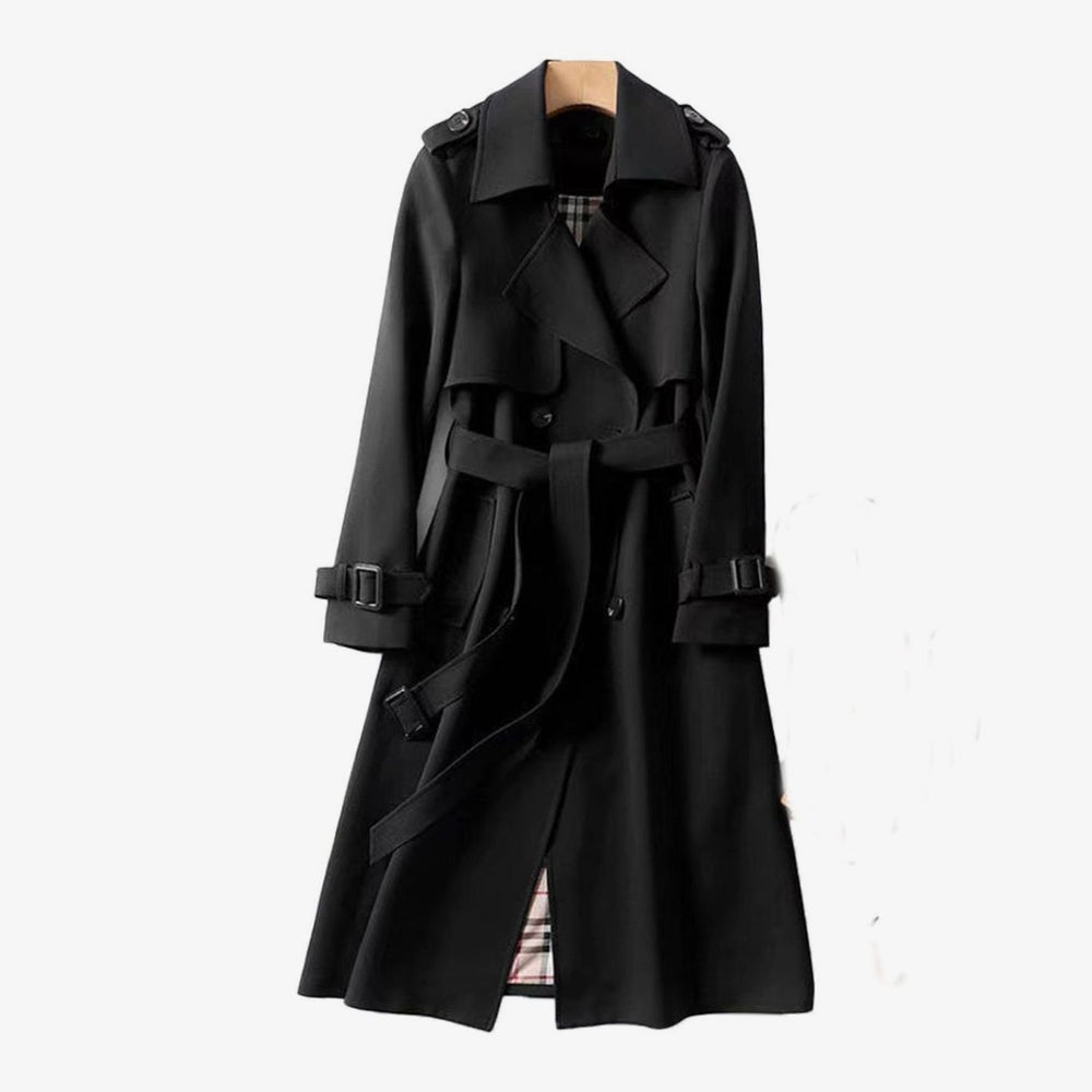 Women's Double-Breasted Belted Long Trench Coat Plaid Lined - Black