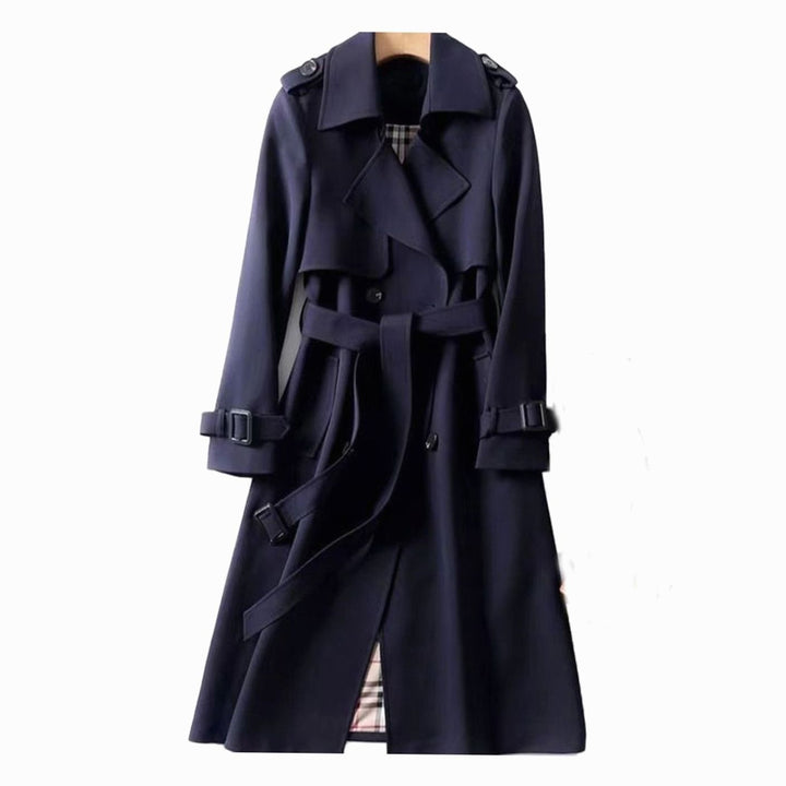 Women's Double-Breasted Belted Long Trench Coat Plaid Lined - Navy