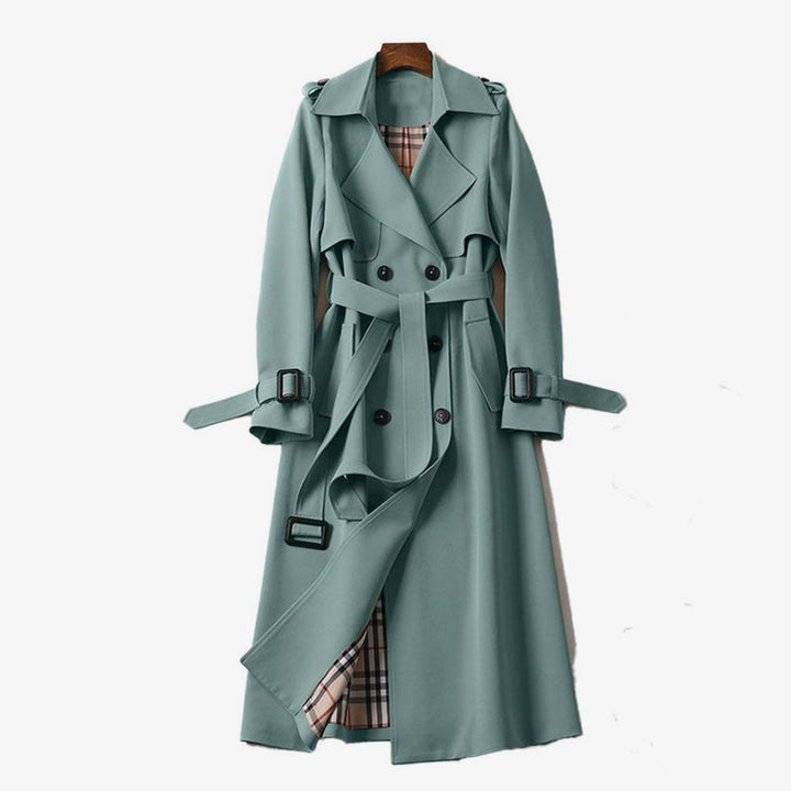 Women's Double-Breasted Belted Long Trench Coat Plaid Lined - Green