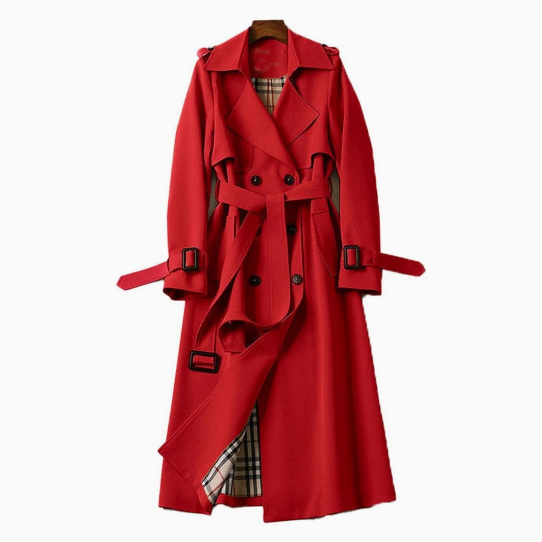 Women's Double-Breasted Belted Long Trench Coat Plaid Lined - Red