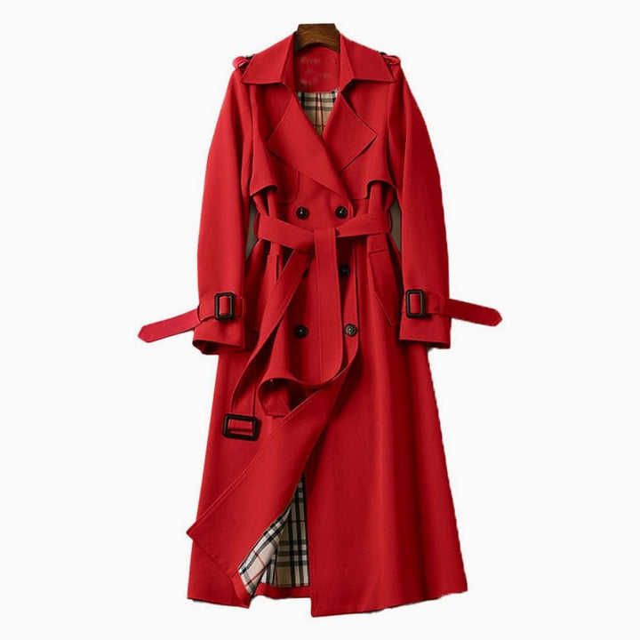 Women's Double-Breasted Belted Long Trench Coat Plaid Lined - Red