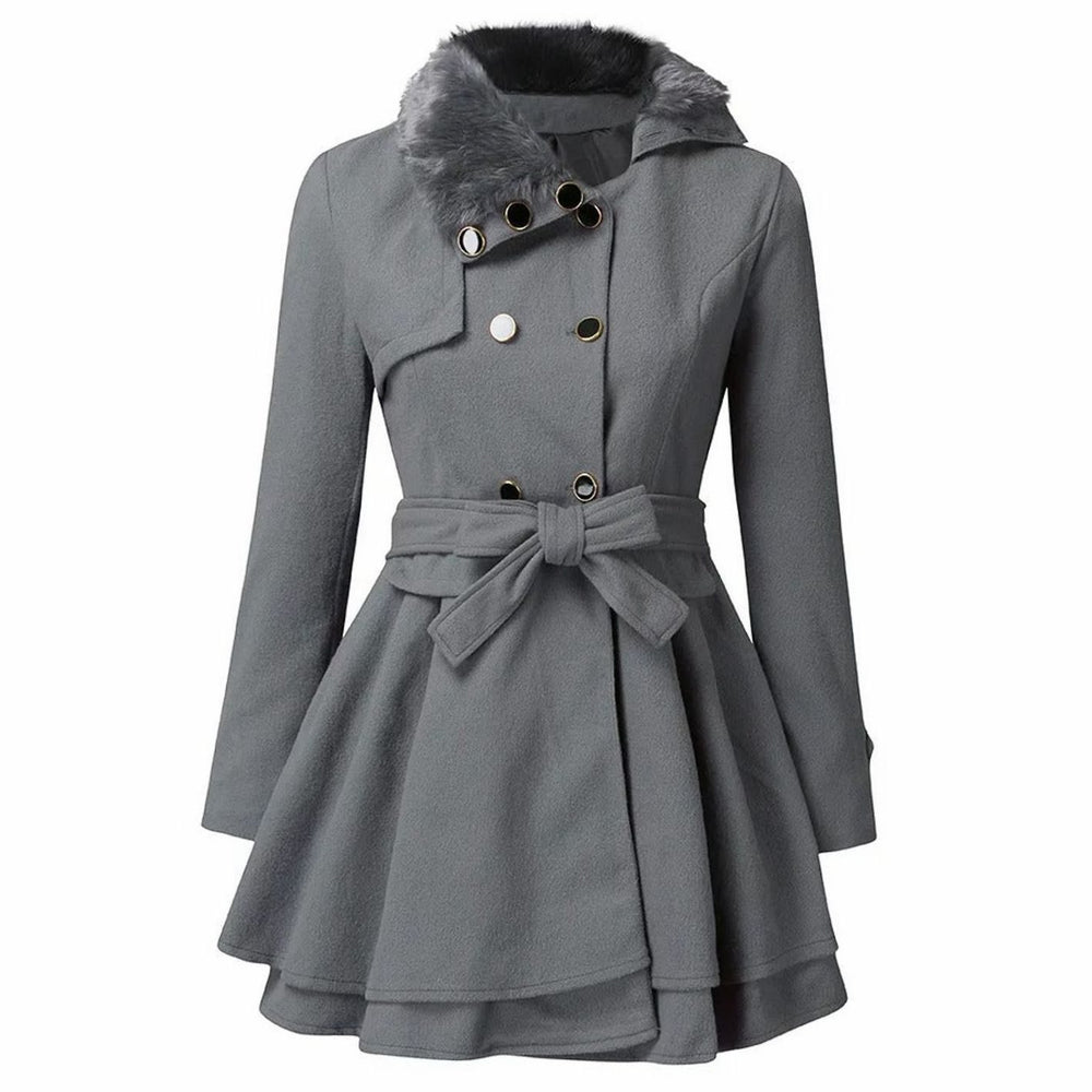 Women's Double-Breasted Faux Fur Collar Belted Flare Trench Coat - Grey