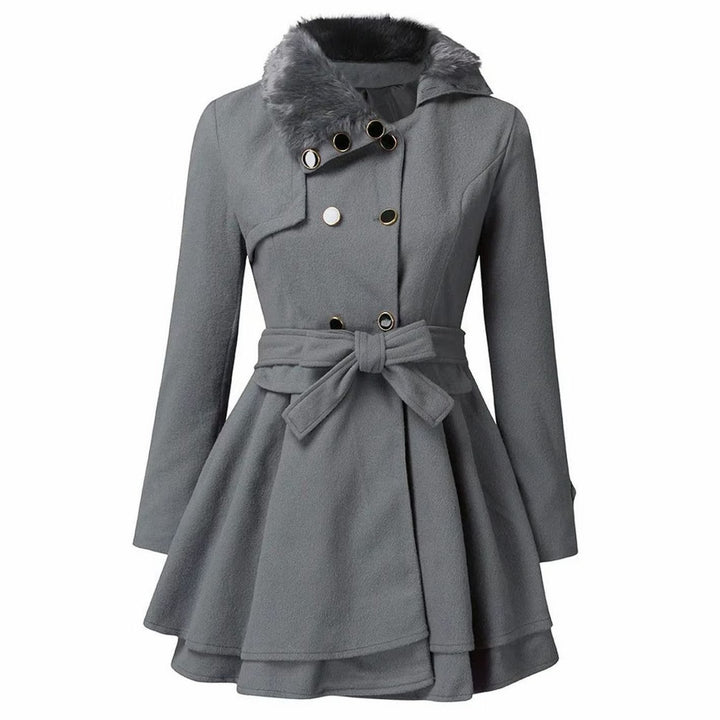Women's Double-Breasted Faux Fur Collar Belted Flare Trench Coat - Grey