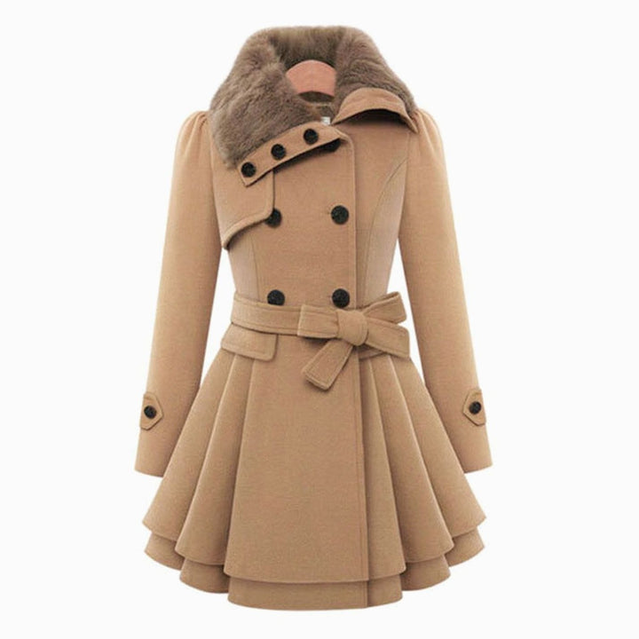 Women's Double-Breasted Faux Fur Collar Belted Flare Trench Coat - Beige