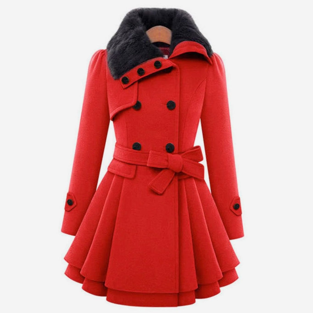 Women's Double-Breasted Faux Fur Collar Belted Flare Trench Coat - Red
