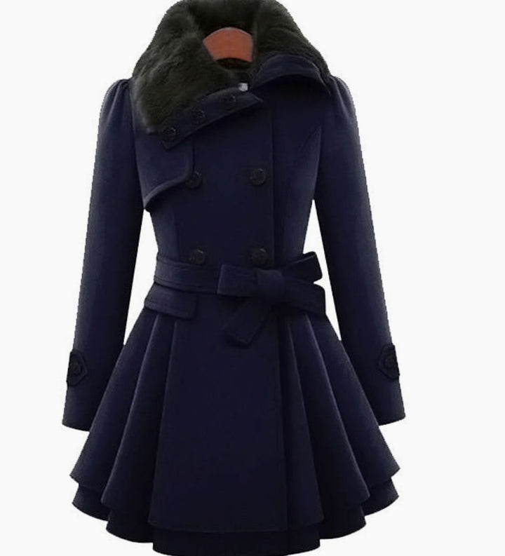 Women's Double-Breasted Faux Fur Collar Belted Flare Trench Coat - Dark Blue