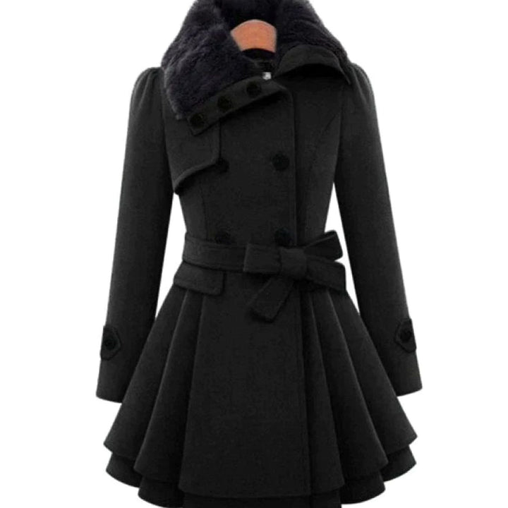 Women's Double-Breasted Faux Fur Collar Belted Flare Trench Coat - Black