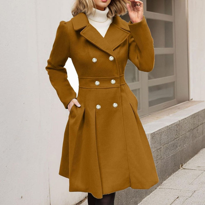 Women's Double-Breasted Flared Pleated Wool-Blend Midi Coat