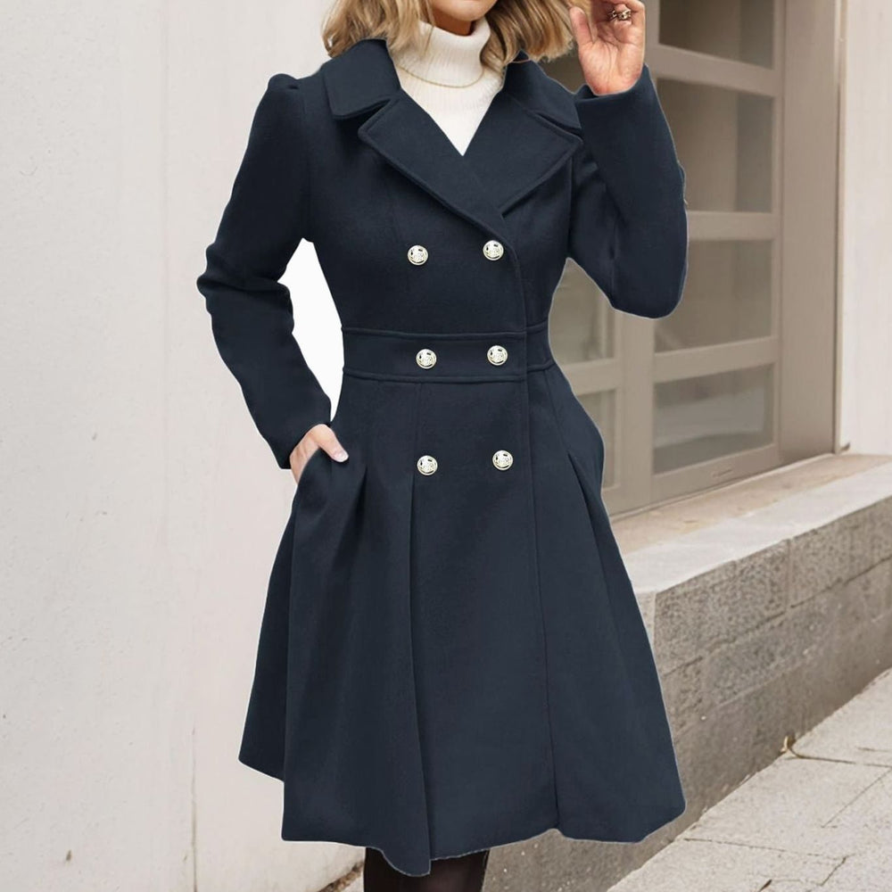 Women's Double-Breasted Flared Pleated Wool-Blend Midi Coat