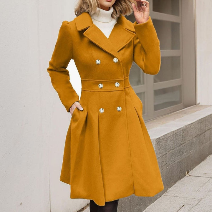 Women's Double-Breasted Flared Pleated Wool-Blend Midi Coat