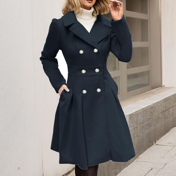 Women's Double-Breasted Flared Pleated Wool-Blend Midi Coat - Black